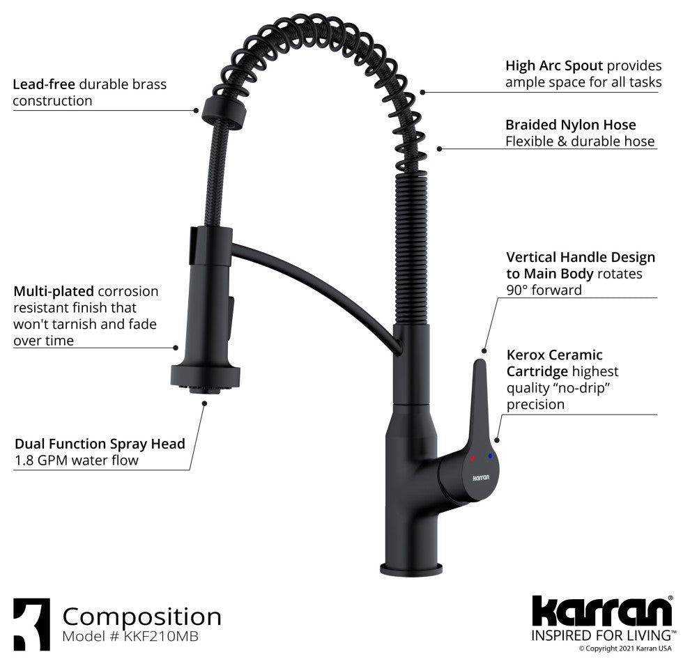 Karran 1-Handle Pull-Down Kitchen Faucet With Soap Dispenser, Matte Black