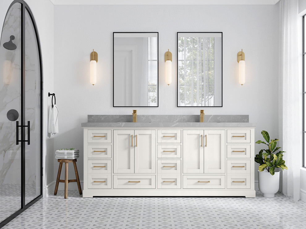 Boston 84" Double Sink Bath Vanity in Alabaster 2" Pearl Gray