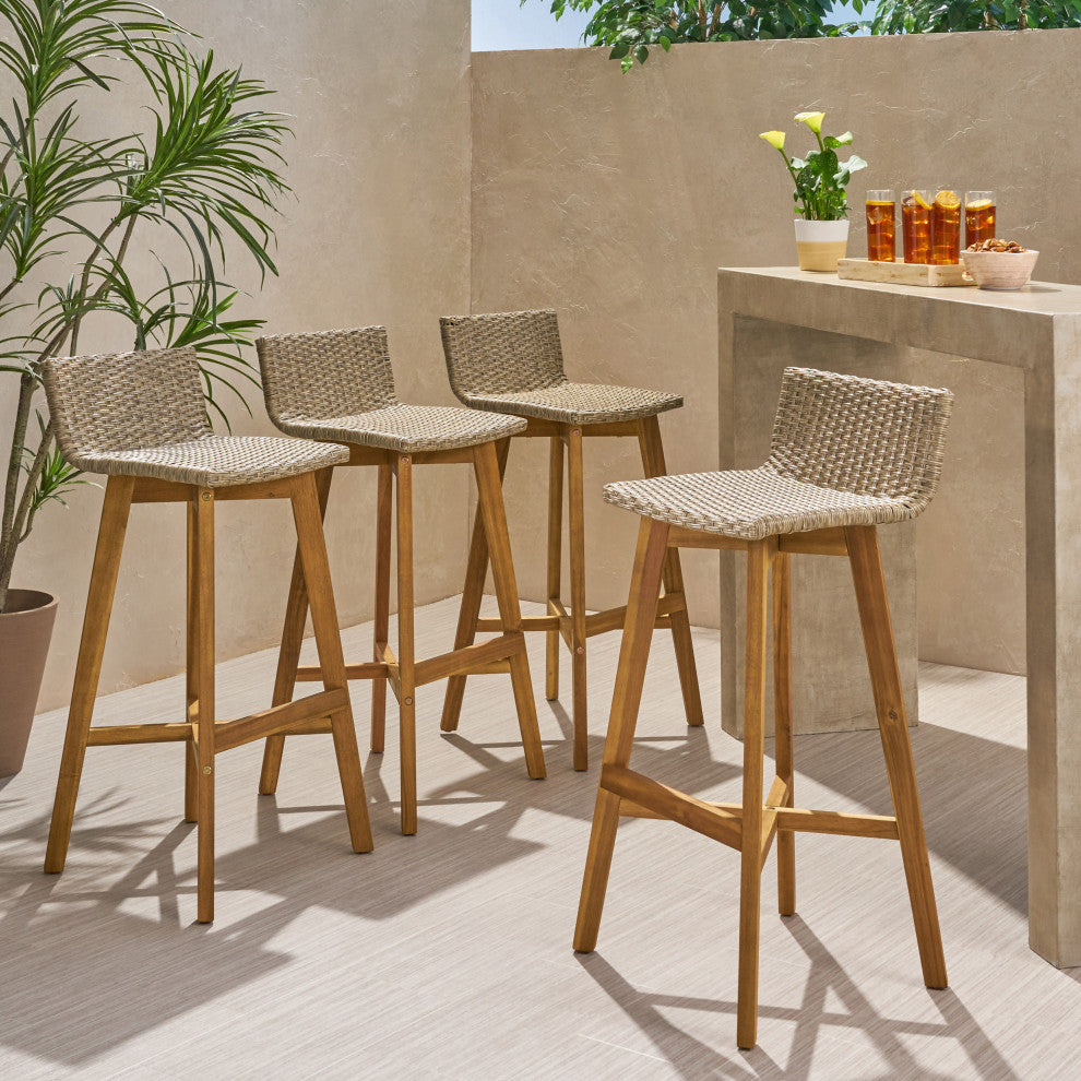 Jessie Outdoor Wood and Wicker Barstool, Set of 4, Light Brown, Teak Finish