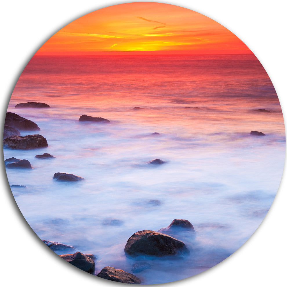 Bright Red Rocky Coast Sunset, Seashore Round Metal Wall Art, 11"