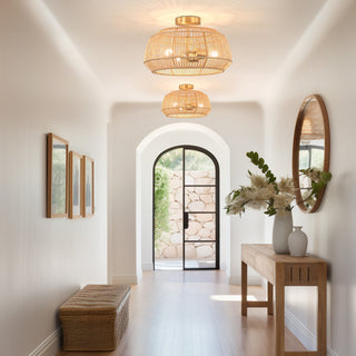 Bohemian Rattan Semi-Flush Mount Ceiling Light, 16'' W-3 Lights