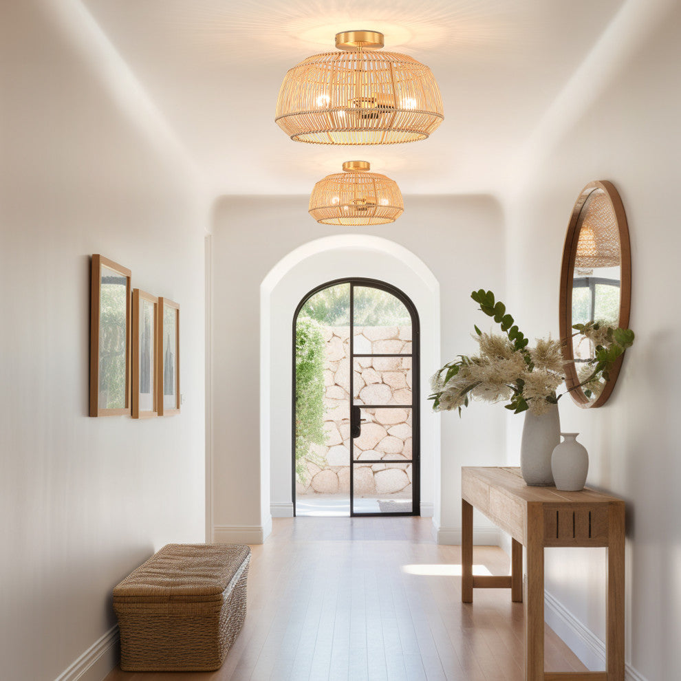 Bohemian Rattan Semi-Flush Mount Ceiling Light, 16'' W-3 Lights