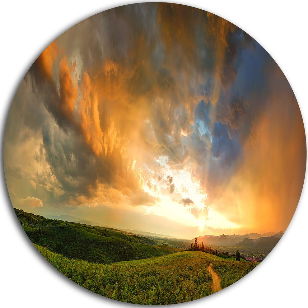 Majestic Sunset With Storm Clouds, Landscape Disc Metal Artwork, 11"
