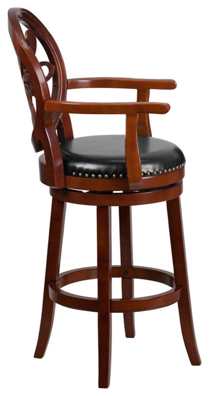 30" High Cherry Wood Barstool With Arms and Black Leather Swivel Seat
