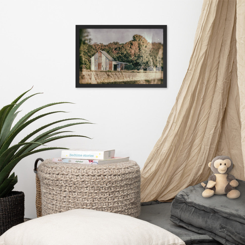 Patriotic Weathered Barn in Field Glass Plate Framed Photo Paper Wall Art Prints, Black, 12" X 18"