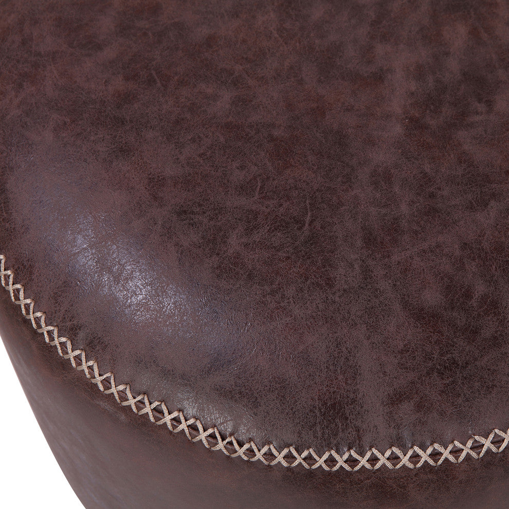 Gaia PU Leather Round Ottoman, Vintage Coffee Brown