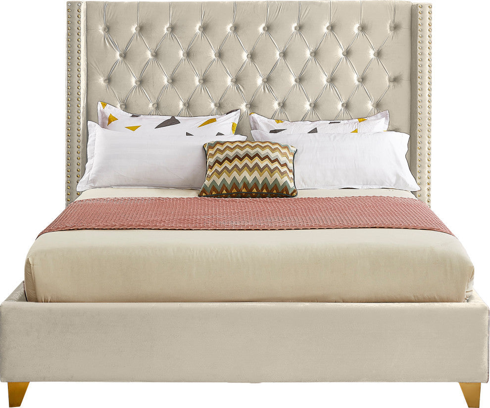 Barolo Velvet Upholstered Bed, Cream, Full