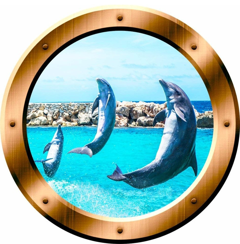 VWAQ Dolphin Porthole Porpoise Wall Decal, 14" Diameter