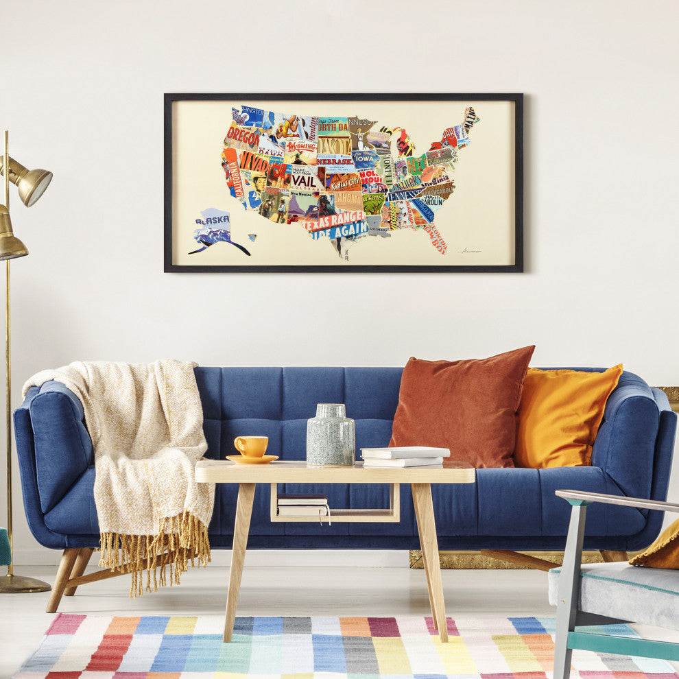 America Map Handmade Dimensional Collage Framed Graphic Wall Art Under Glass Art