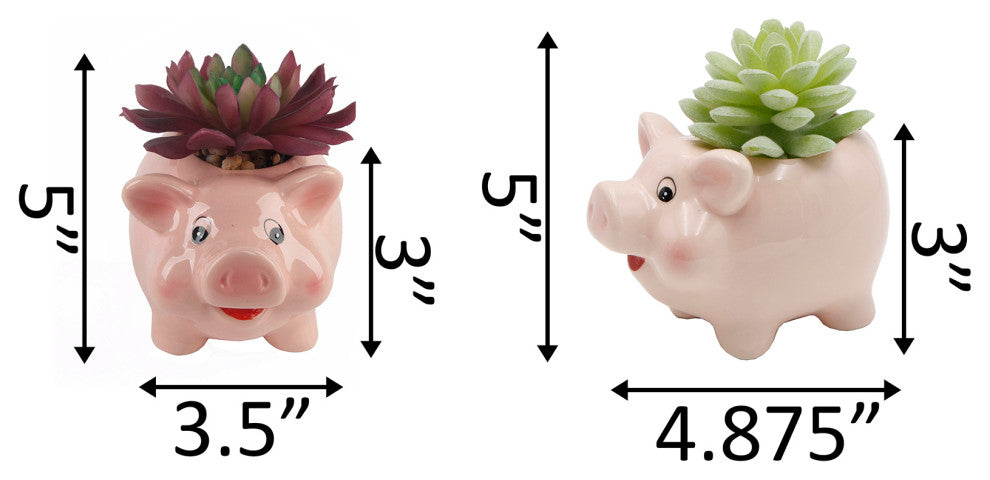 Faux Succulent In 4.8" Small Pink Pig  Ceramic Planter,Set Of 2