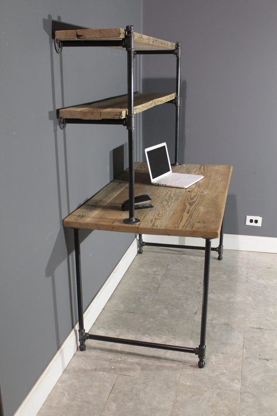 Reclaimed Wood Desk, 2 Shelves, Wall Attach, Raw, 72"x30"