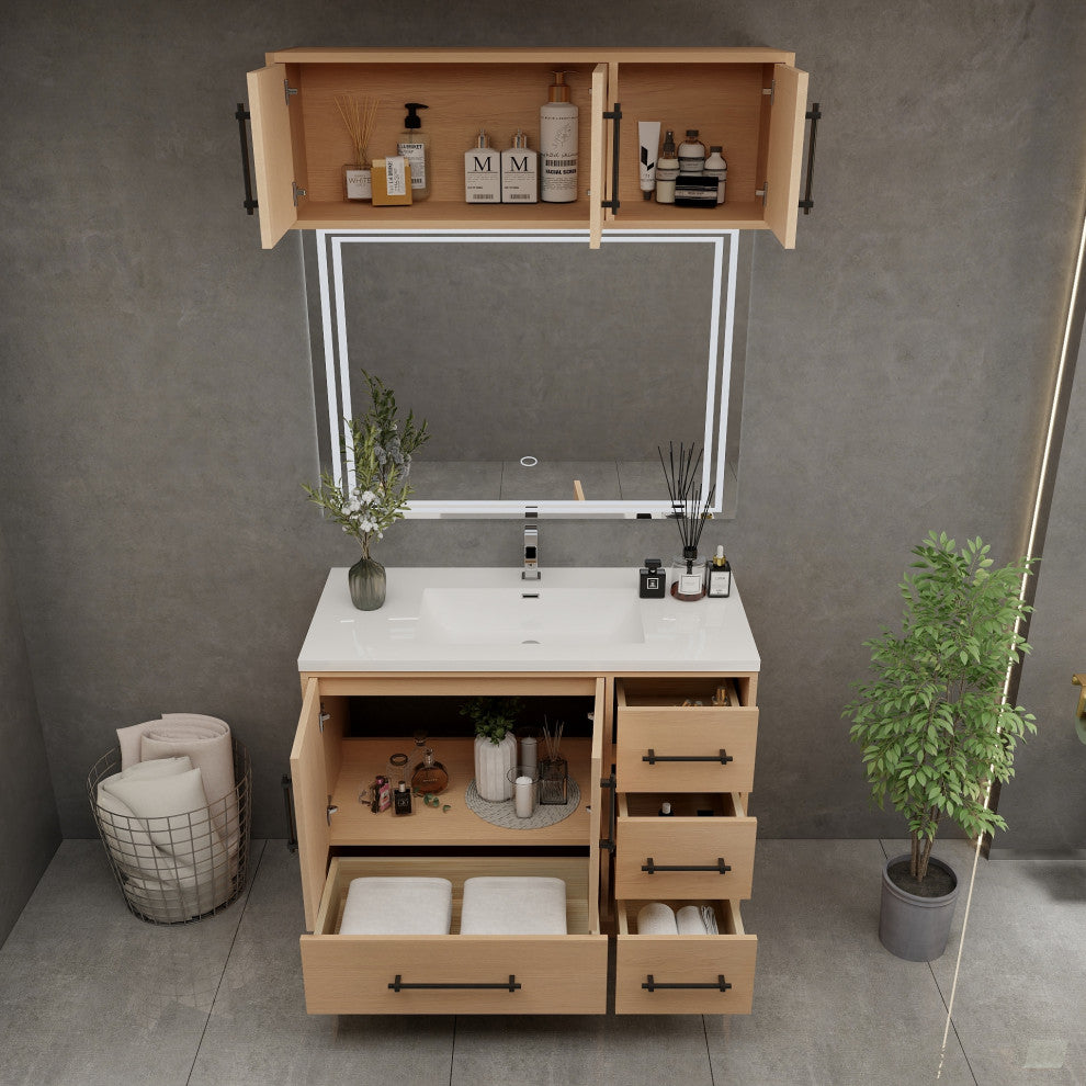 Victoria 42" Solid Wood Bath Vanity, Overhead Cabinet, Yellow Oak