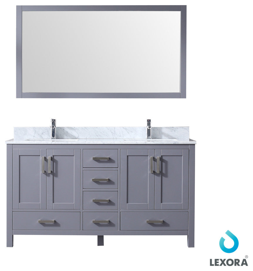 Jacques 60" Dark Gray Double Vanity Carrara Marble Top Sinks, 58" Wall Mirror