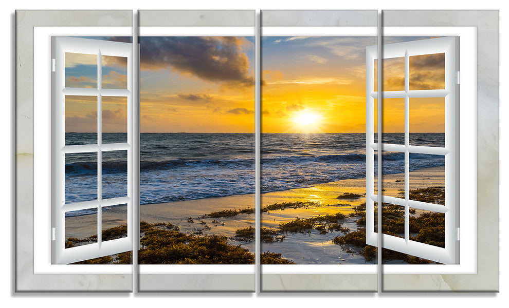 "Open Window To Bright Yellow Sunset" Modern Wall Art, 4 Panels, 48"x28"