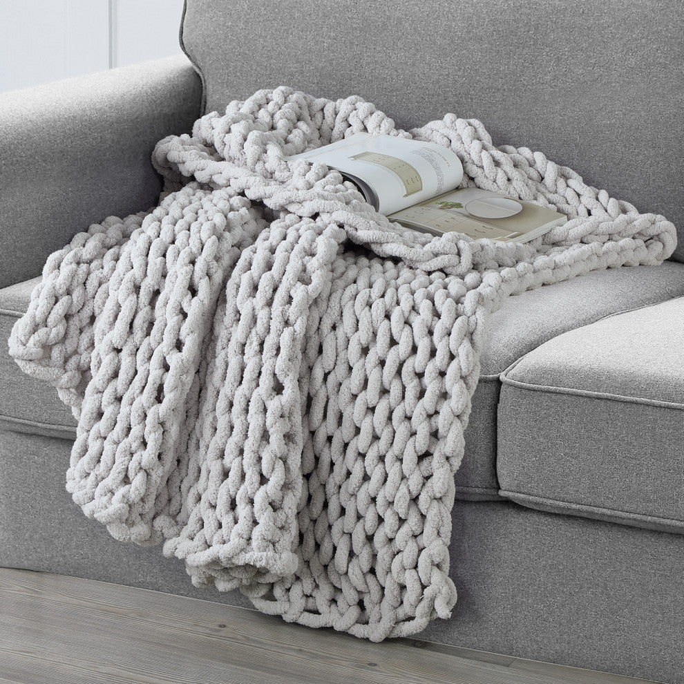 Kathy Ireland Chunky Knit Throw Blanket, Light Grey
