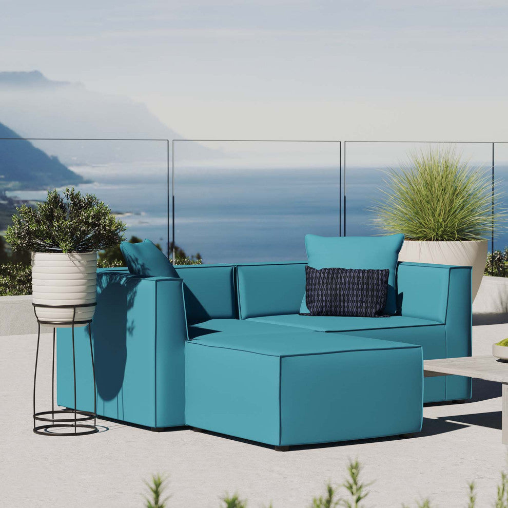 Lounge Loveseat Chaise Sofa, Fabric, Blue, Modern, Outdoor Patio Balcony Garden