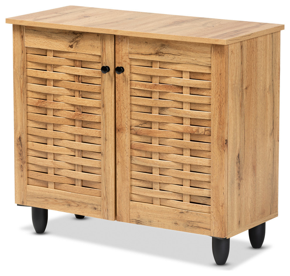 Winda Modern and Contemporary Oak Brown Finished Wood 2-Door Shoe Cabinet