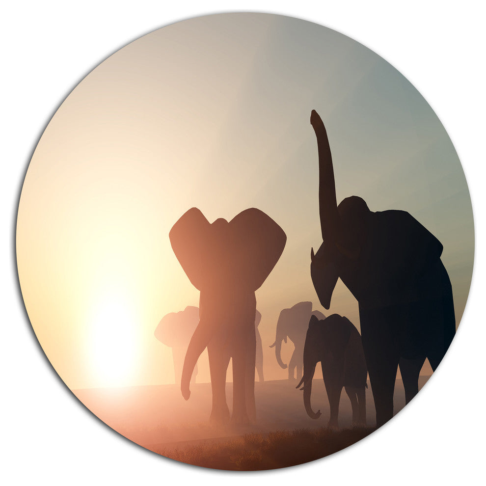Group Of Elephants In The Wild, African Disc Metal Artwork, 36"