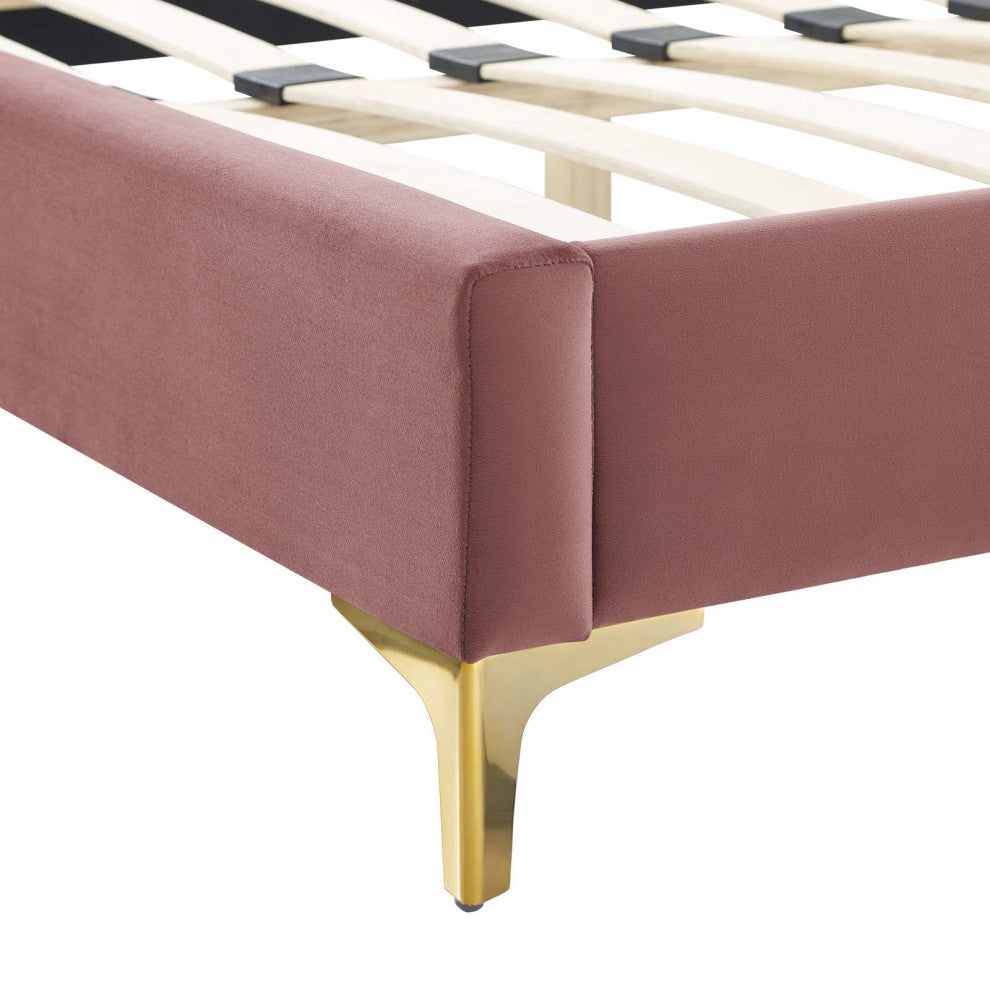 Platform Bed Frame, Queen Size, Pink, Velvet, Modern, Bedroom Guest Suite
