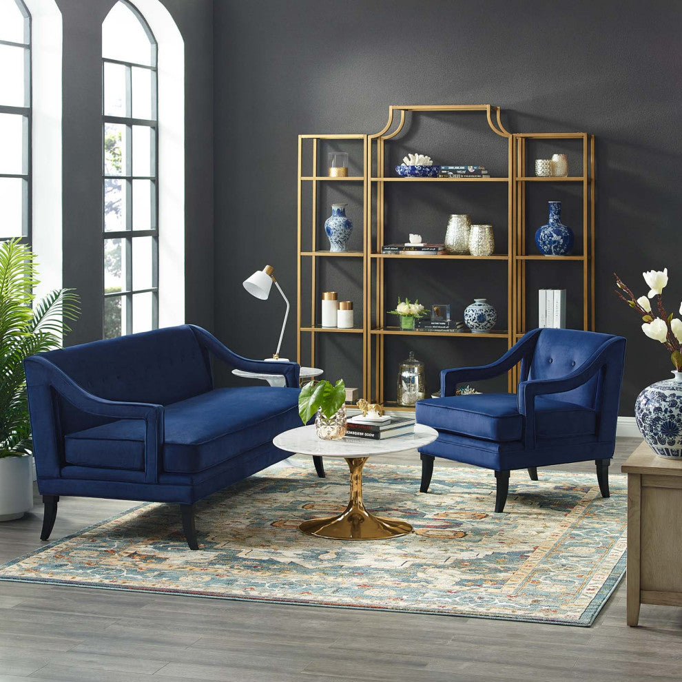 Armchair and Sofa Set, Set of 2, Velvet, Blue Navy, Modern, Lounge Hospitality