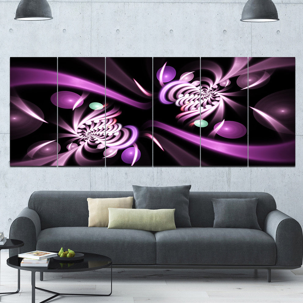 Purple on Black 3D Surreal Art, Floral Canvas Art Print, 70"x28", 6 Panels
