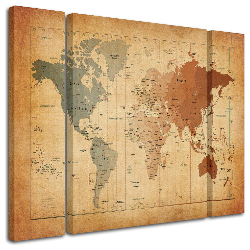 Michael Tompsett ''Time Zones World Map'' Multi Panel Art Set, 32"x24"
