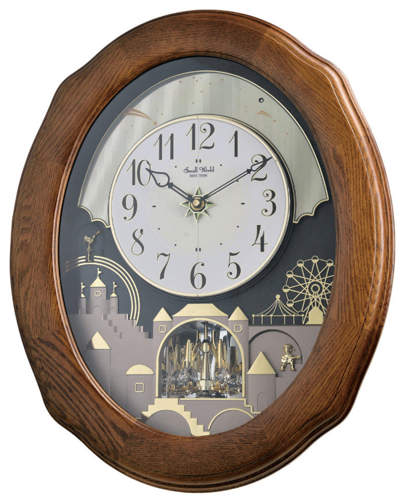 Joyful Timecracker Oak, Rhythm Small World Musical Motion Clock