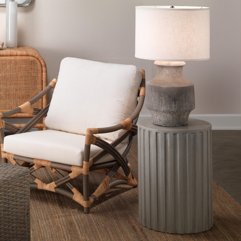 Masonry Table Lamp, Grey Ceramic With Classic Drum Shade, White Linen