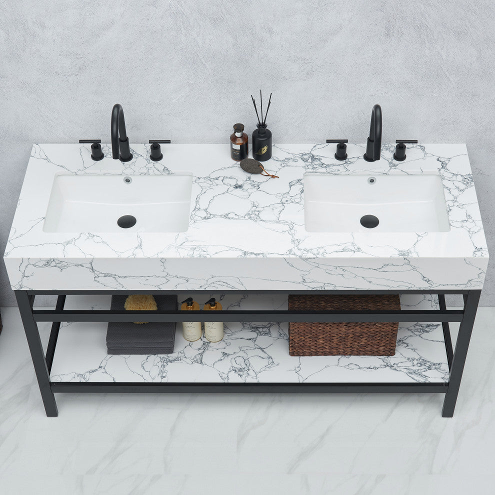 Ecija Bath Vanity, Metal Support with Stone Top, Matte Black, 60 in. Double Sink, No Mirror