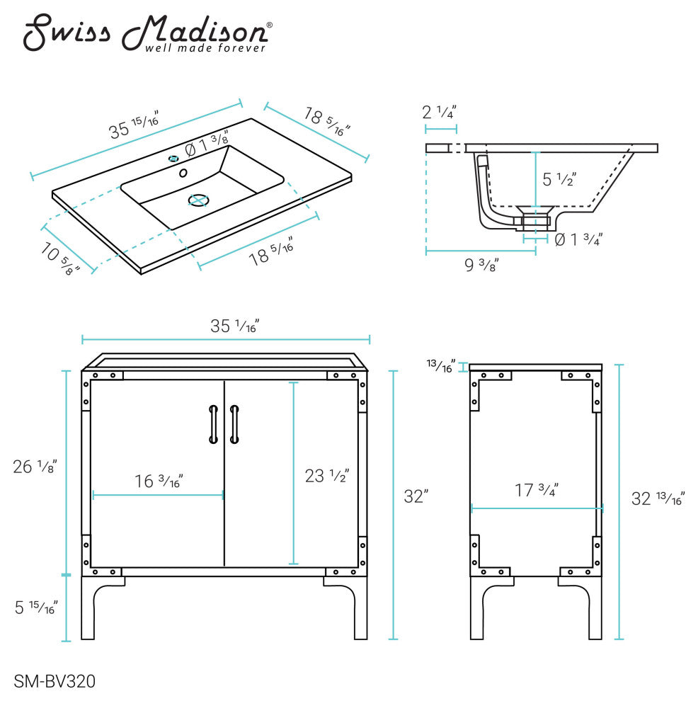 Voltaire 36" Single, Bathroom Vanity, White With Gold Hardware
