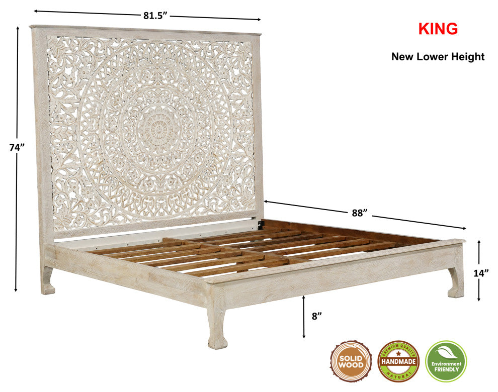 Milano Floral Carved Solid Wood Queen Panel Bed, White, King