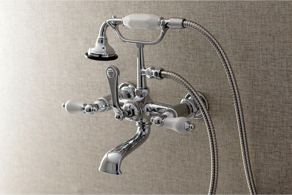 Aqua Vintage 7" Wall Mount Tub Faucet With Hand Shower, Polished Chrome