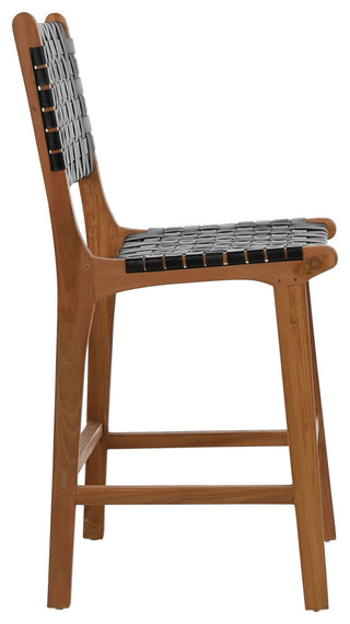 Maverick Top Grain Woven Black Leather With Teak Frame Dining Counter Stool