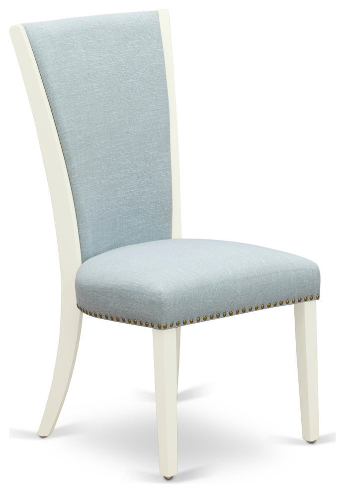 A Dining Set Of 2 Indoor Chairs, Baby Blue Color, Square Table, Linen White