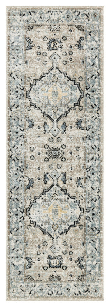 Nourison Washable Decor 2' x 6' Taupe Blue Vintage Indoor Rug