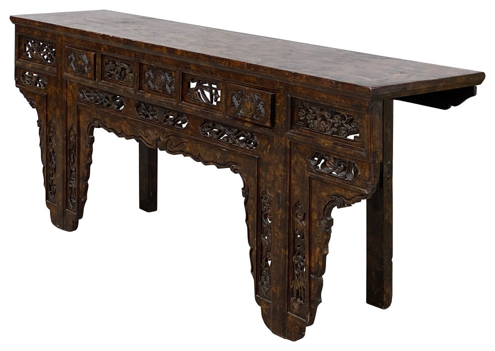 Chinese Brown Wood Open Flower RuYi Carving Apron Altar Console Table Hcs7802