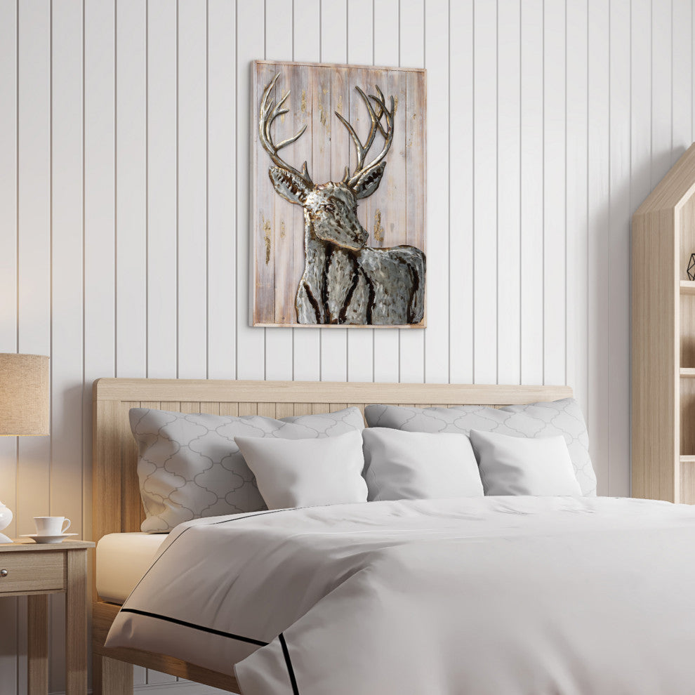 "Deer 1" Hand Painted Iron Wall Sculpture on Slatted Solid Wood Wall Art 40"x30"