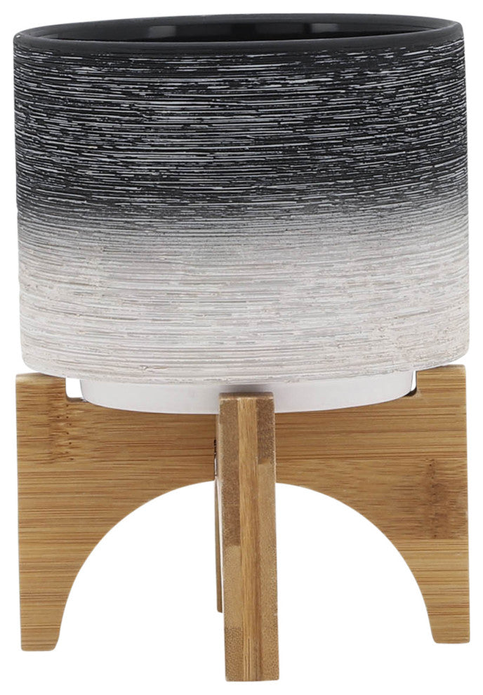 Ceramic 5" Planter On Wooden Stand, Gray