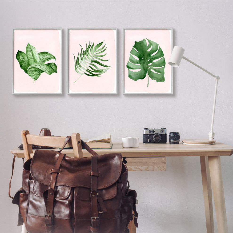 Boho Palm Leaves over Pink Modern Tropical Plants,3pc, each 16 x 20