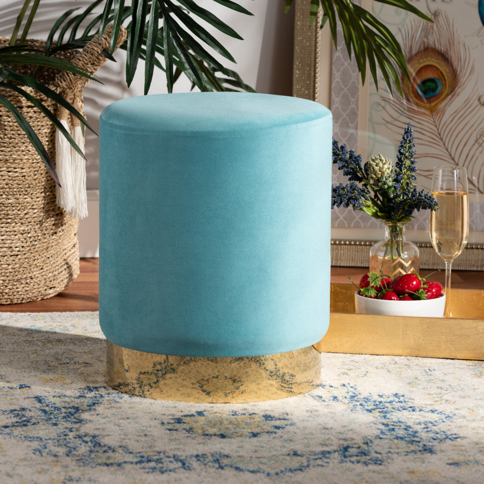Greaves Glam Velvet Fabric Upholstered Ottoman, Sky Blue/Gold