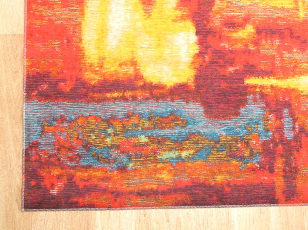 Red Distressed Bohemian Moderno Art Rug, 4' 4x6' 3