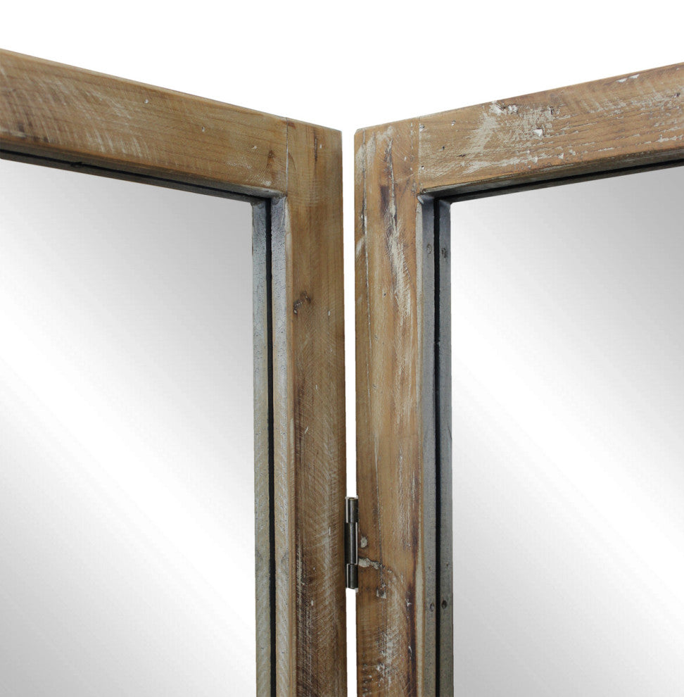Benzara BM276717 3 Panel Mirror Room Divider, Wood Frame, Distressed Brown