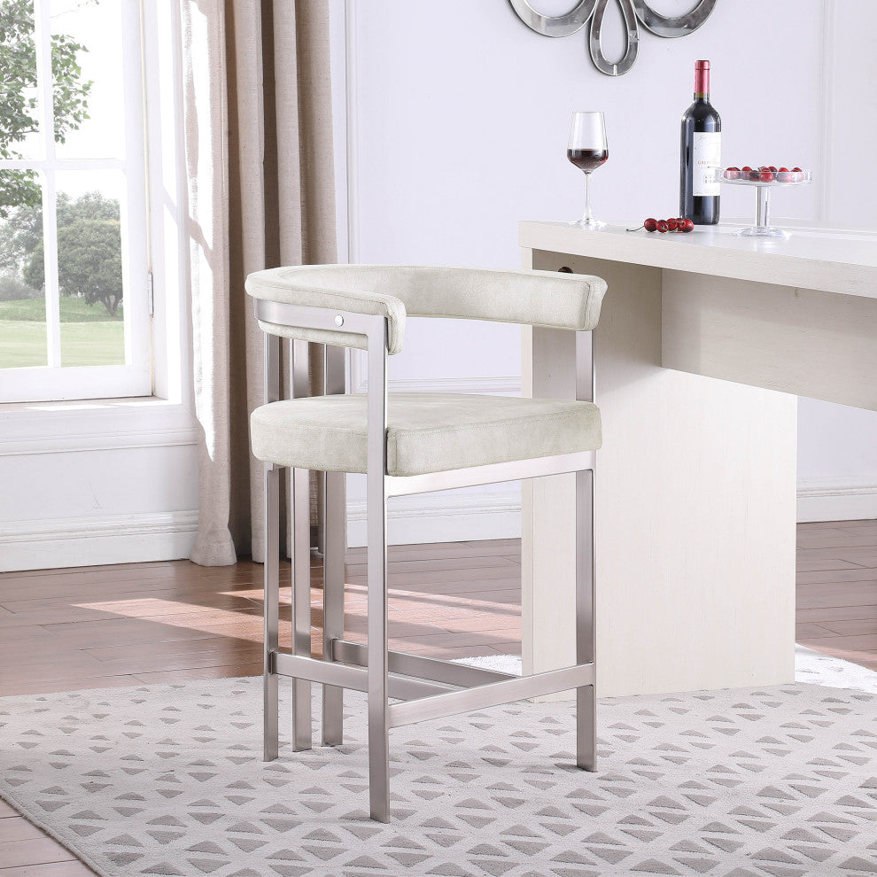 Marcello Upholstered Counter Stool, Stone, Velvet, Brushed Chrome