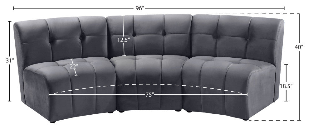 Limitless Velvet Upholstered 3-Piece Modular Sectional, Gray