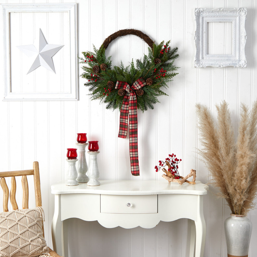 28" Pine and Pinecone Artificial Christmas Wreath With Decorative Bow