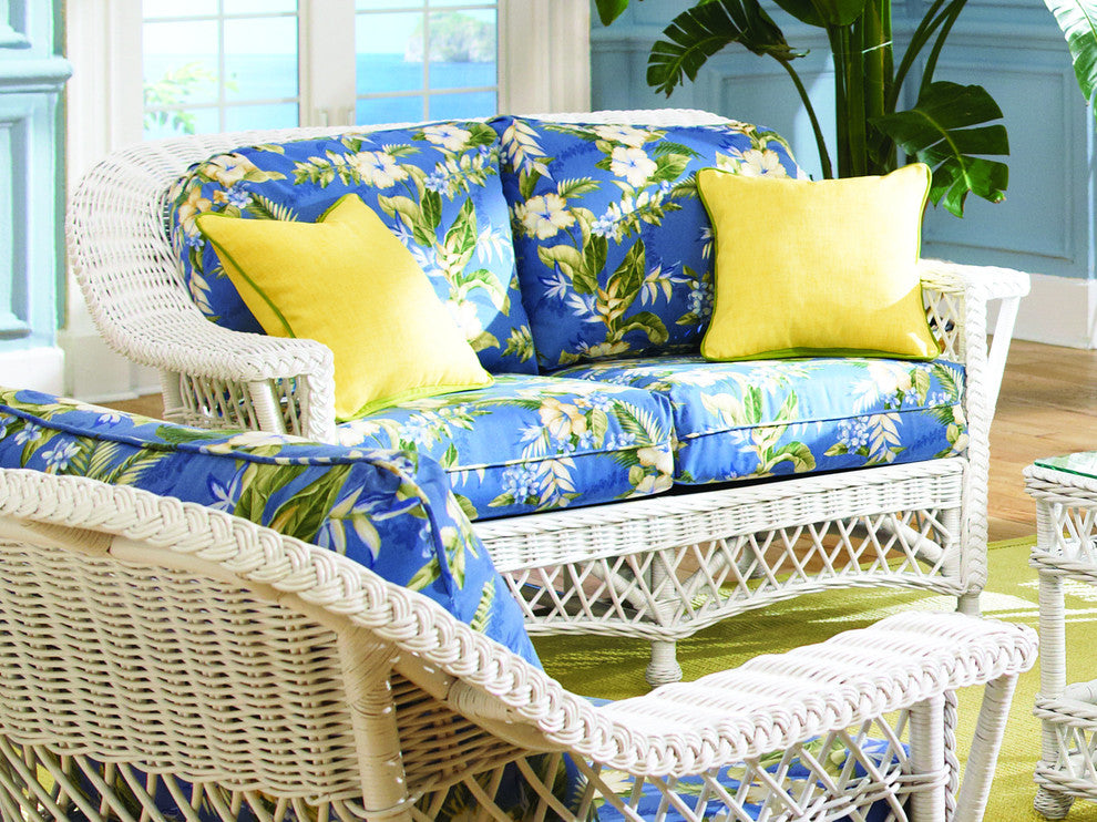 Bar Harbor Love Seat, White, Callista-Stripe-Delft Fabric