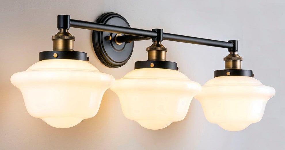 Lavagna 3 Light Schoolhouse Wall Sconce, Antique Brass, Milk Glass