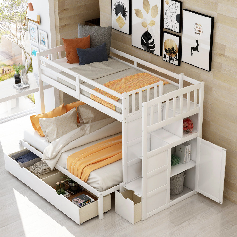 Twin over Full Bunk Bed with Storage Shelves and Drawers, White