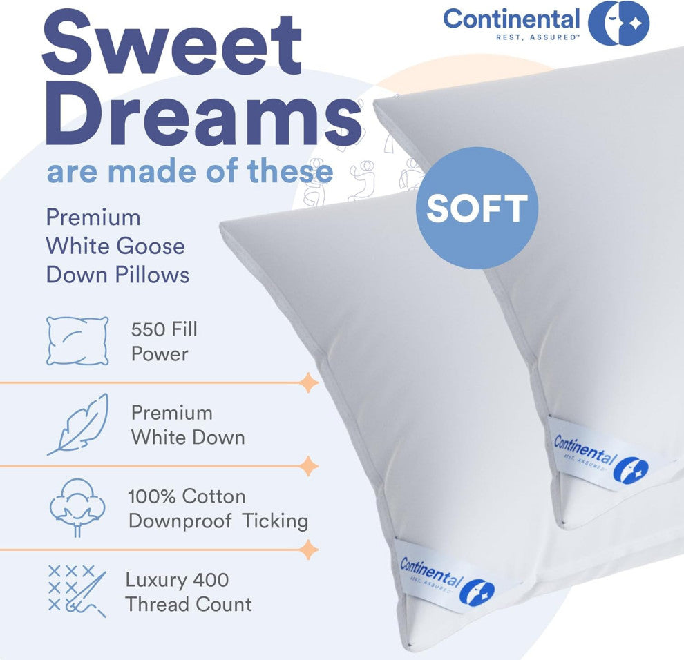 Continental Bedding - 550 Fill Power Down Pillow, Standard (Set of 2), Firm