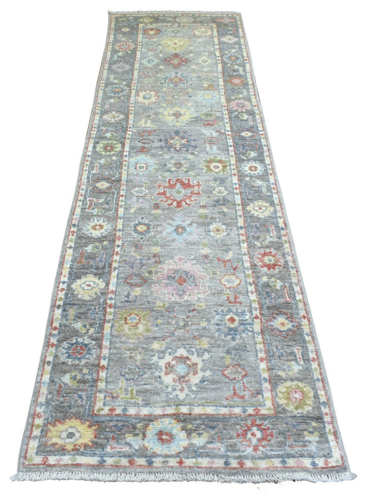 Gray, Afghan Wool Hand Knotted, Angora Ushak Runner Rug, 2'6"x9'5"